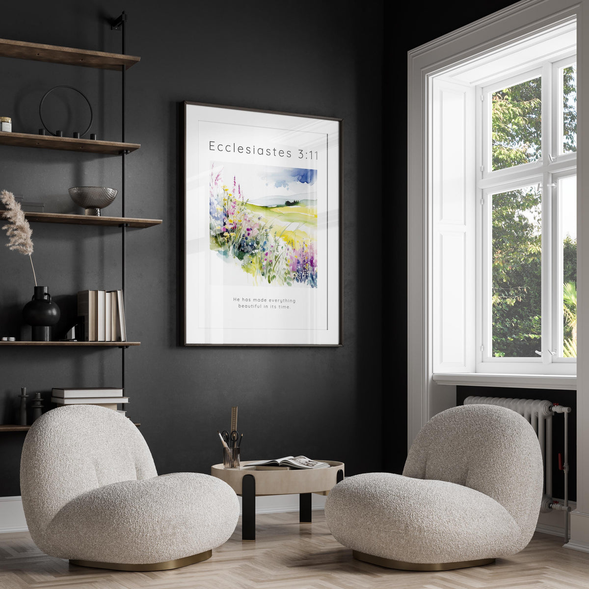 Tranquil flower meadow Ecclesiastes print UK, Elegant floral meadow décor with biblical verse, Ecclesiastes 3:11 verse