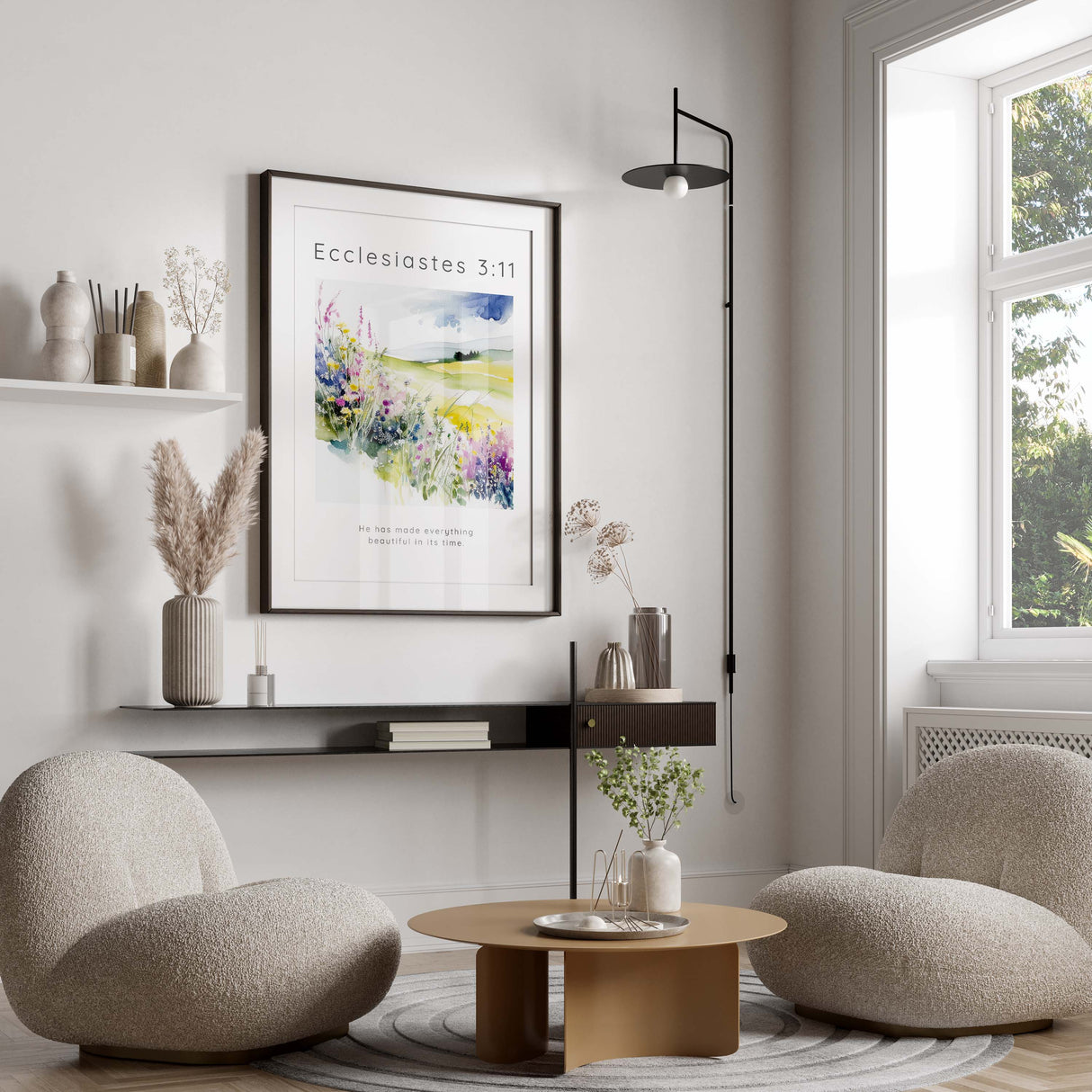 Timeless wisdom floral wall decor UK, Ecclesiastes 3:11 verse on flower meadow, scripture artwork for walls