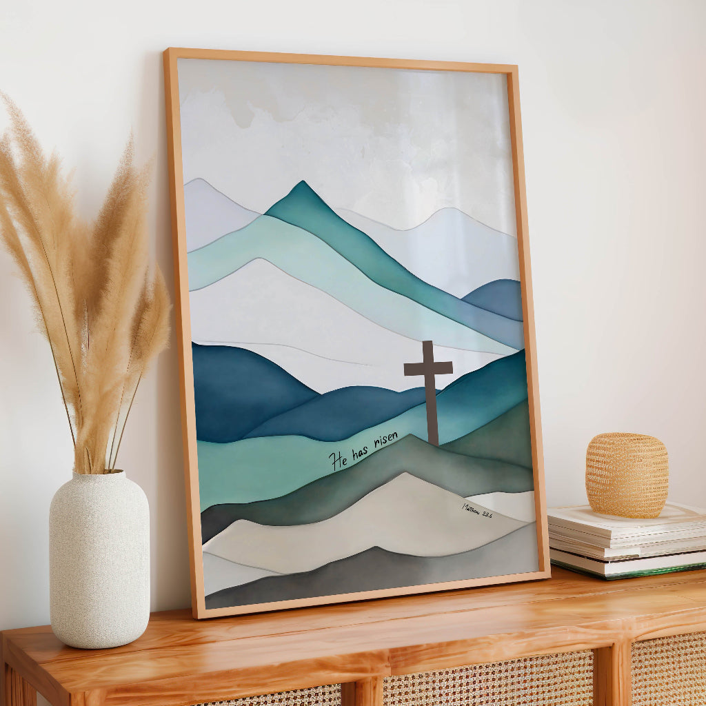 Matthew 28:6 – Bible verse wall art featuring cross and serene mountain landscape symbolising Christ’s resurrection.