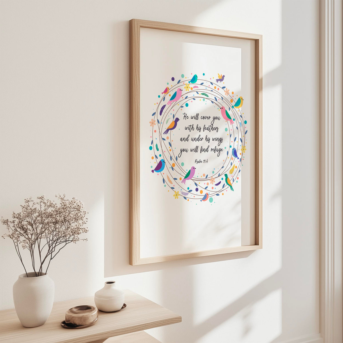 Psalm 91:4 – Bible verse wall art featuring birds, feathers and floral wreath with scripture about God’s protection.