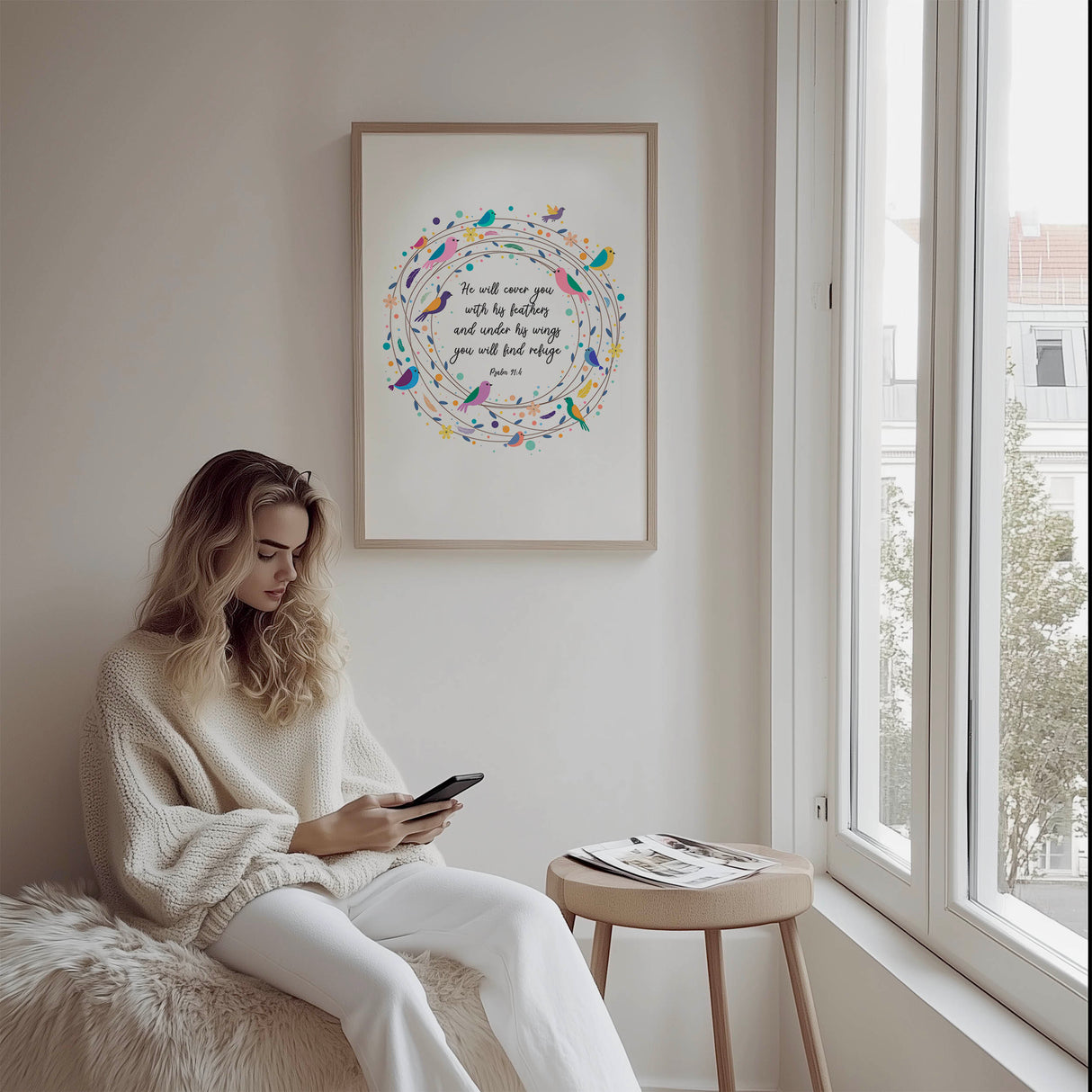 Psalm 91:4 – He will cover you with his feathers Christian wall art with bird wreath and comforting scripture.