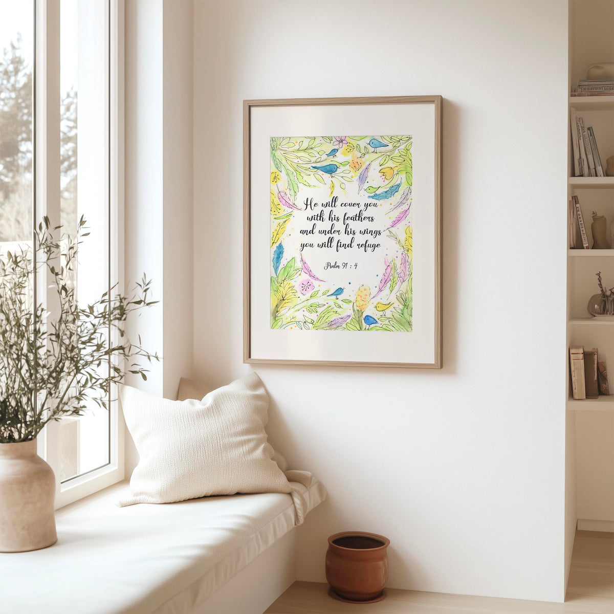 Psalm 91:4 – Bible verse wall art featuring leafy wreath with birds and scripture about God’s protection and refuge.