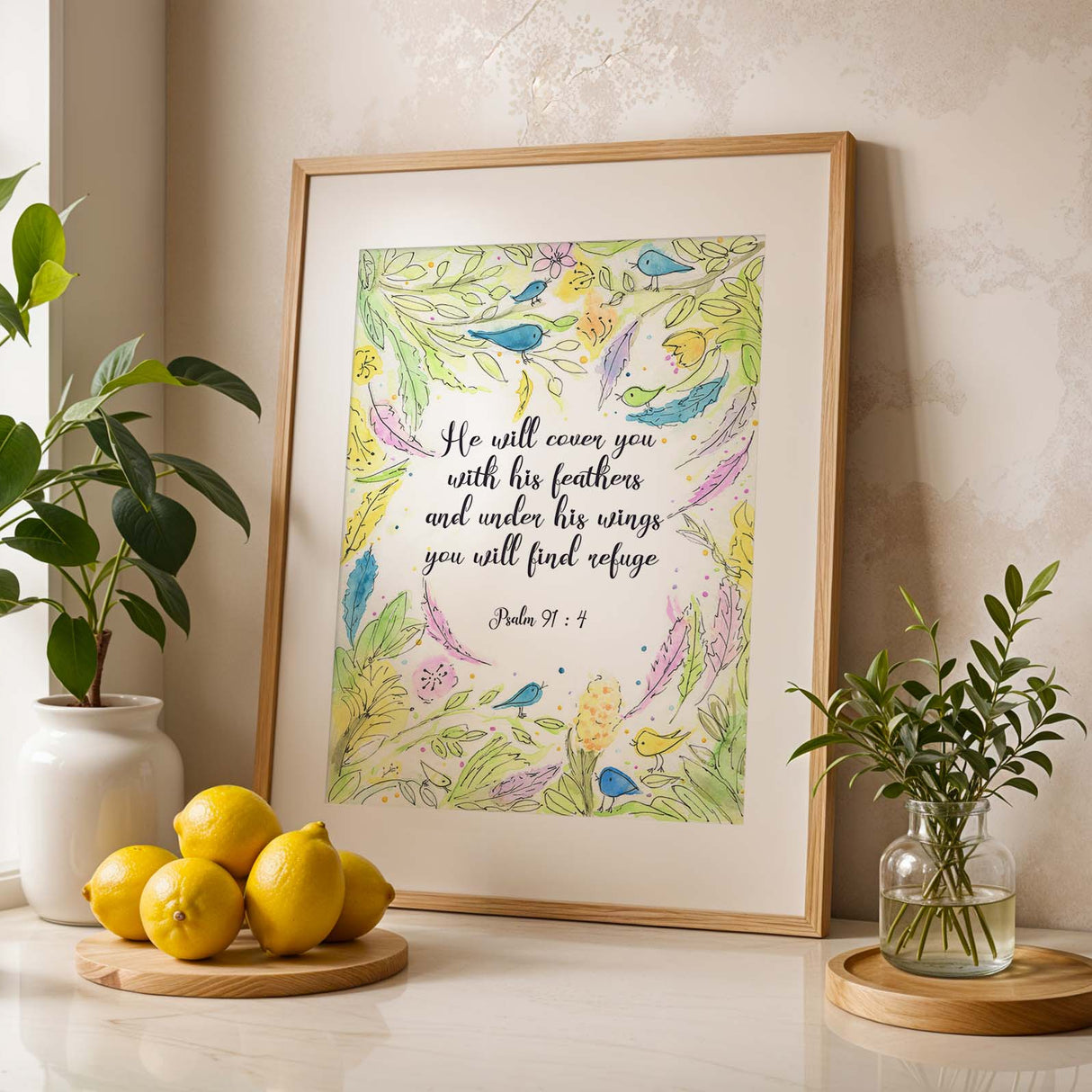 Psalm 91:4 – Christian scripture wall art with delicate watercolour leaves and feathers and verse about God’s care.