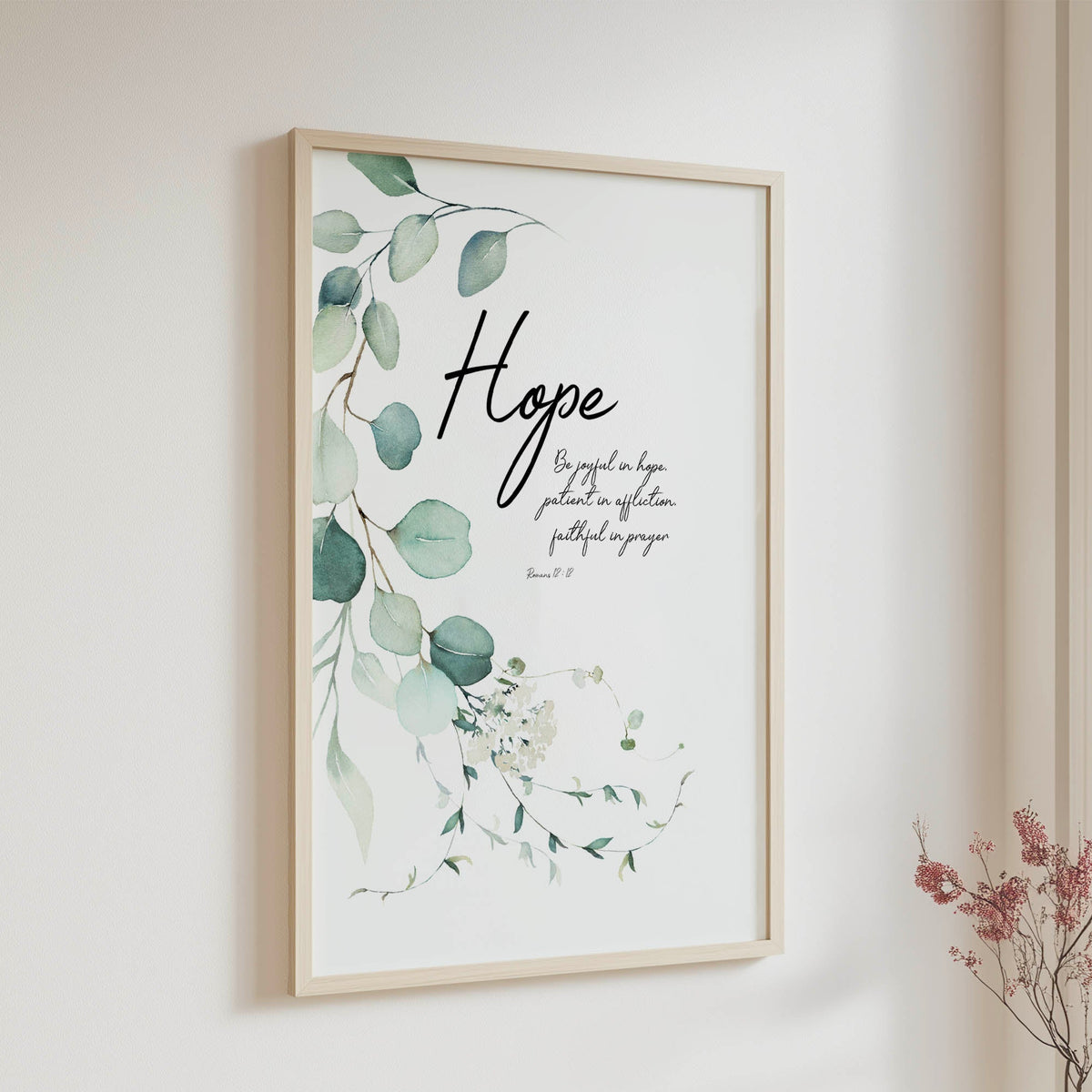 Romans 12:12 – Be joyful in hope Christian wall art print with botanical leaf design.