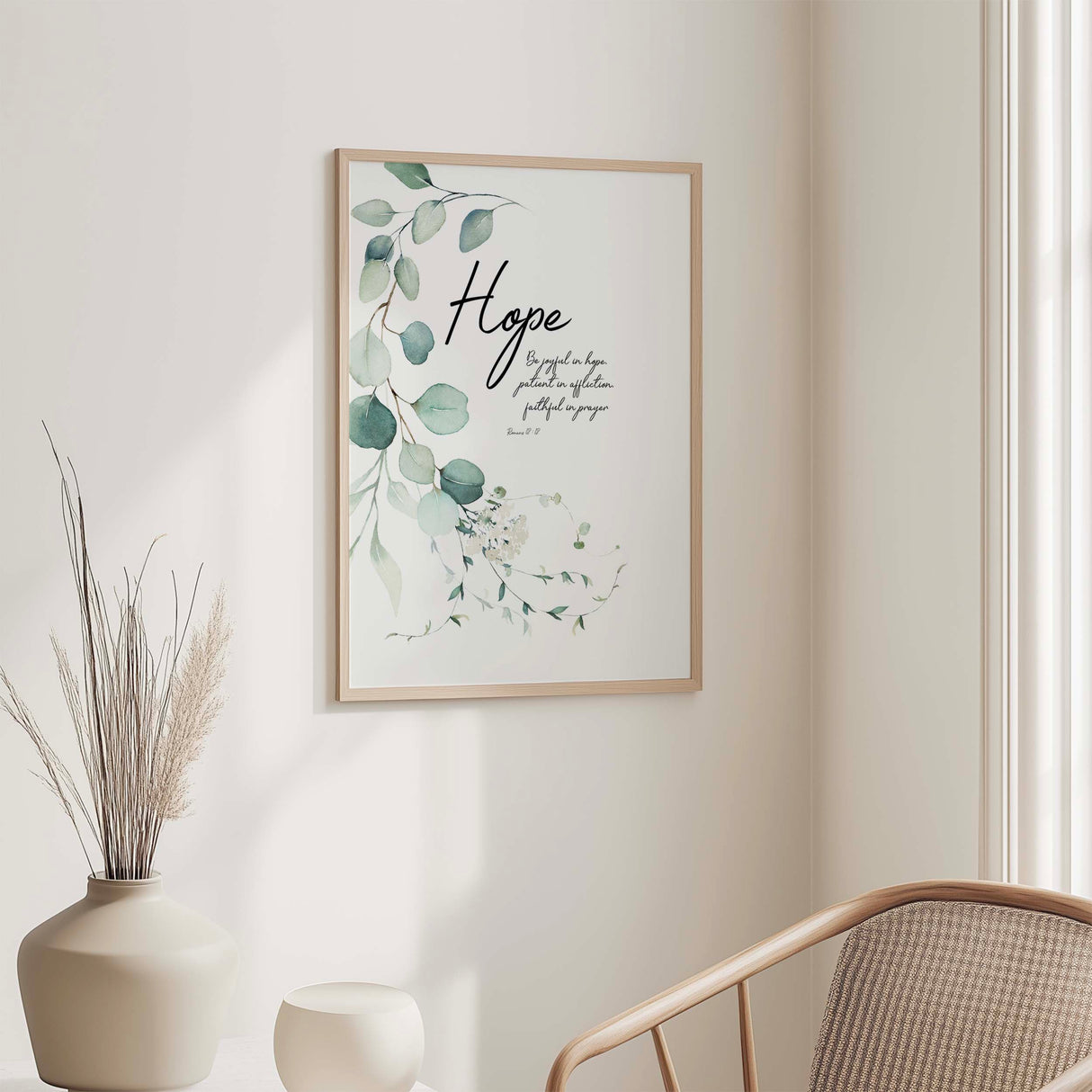 Romans 12:12 – Bible verse wall art featuring leaves and scripture about hope and prayer.