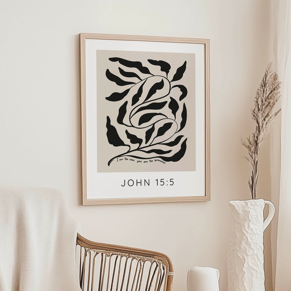 John 15:5 - Christian wall art print featuring woven vine silhouette on neutral beige background with I am the vine Bible verse.