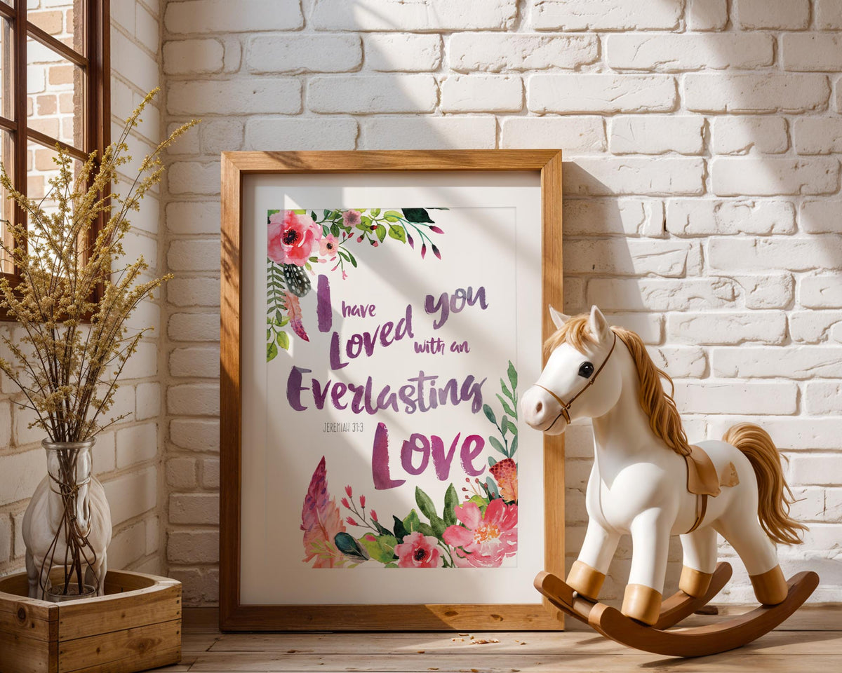 Jeremiah 31:3 – Bible verse wall art featuring elegant florals and scripture about God’s enduring love.