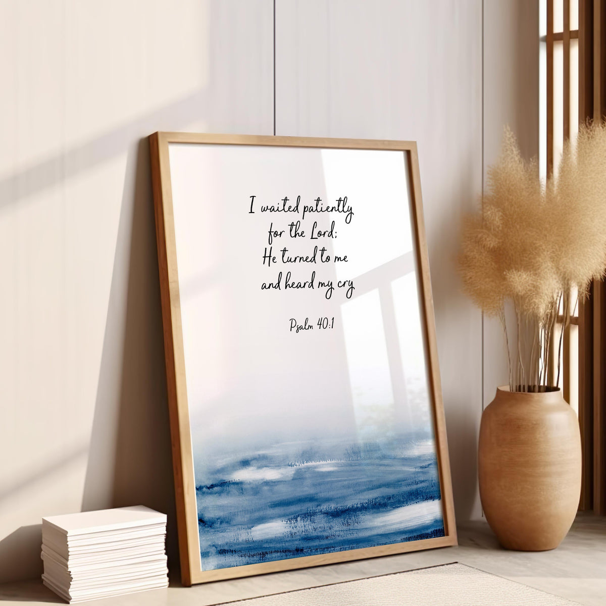Psalm 40:1 - Christian scripture print featuring I waited patiently for the Lord with peaceful indigo water faith wall art.