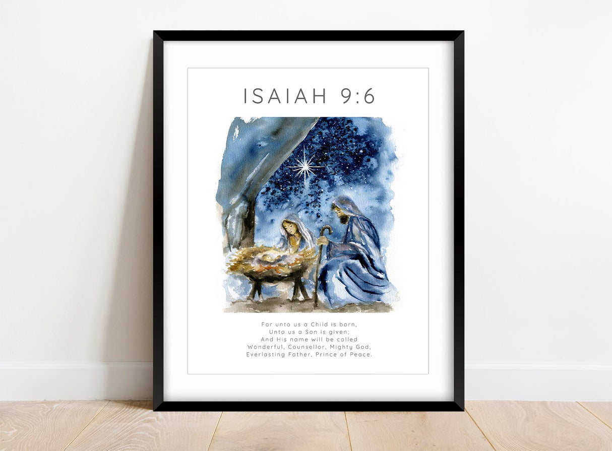 Faith-based Christmas wall art with hand-painted nativity and scripture.