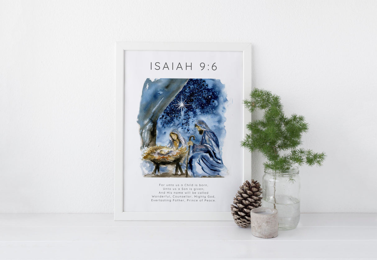 Christian holiday print featuring nativity and Isaiah 9:6 scripture.