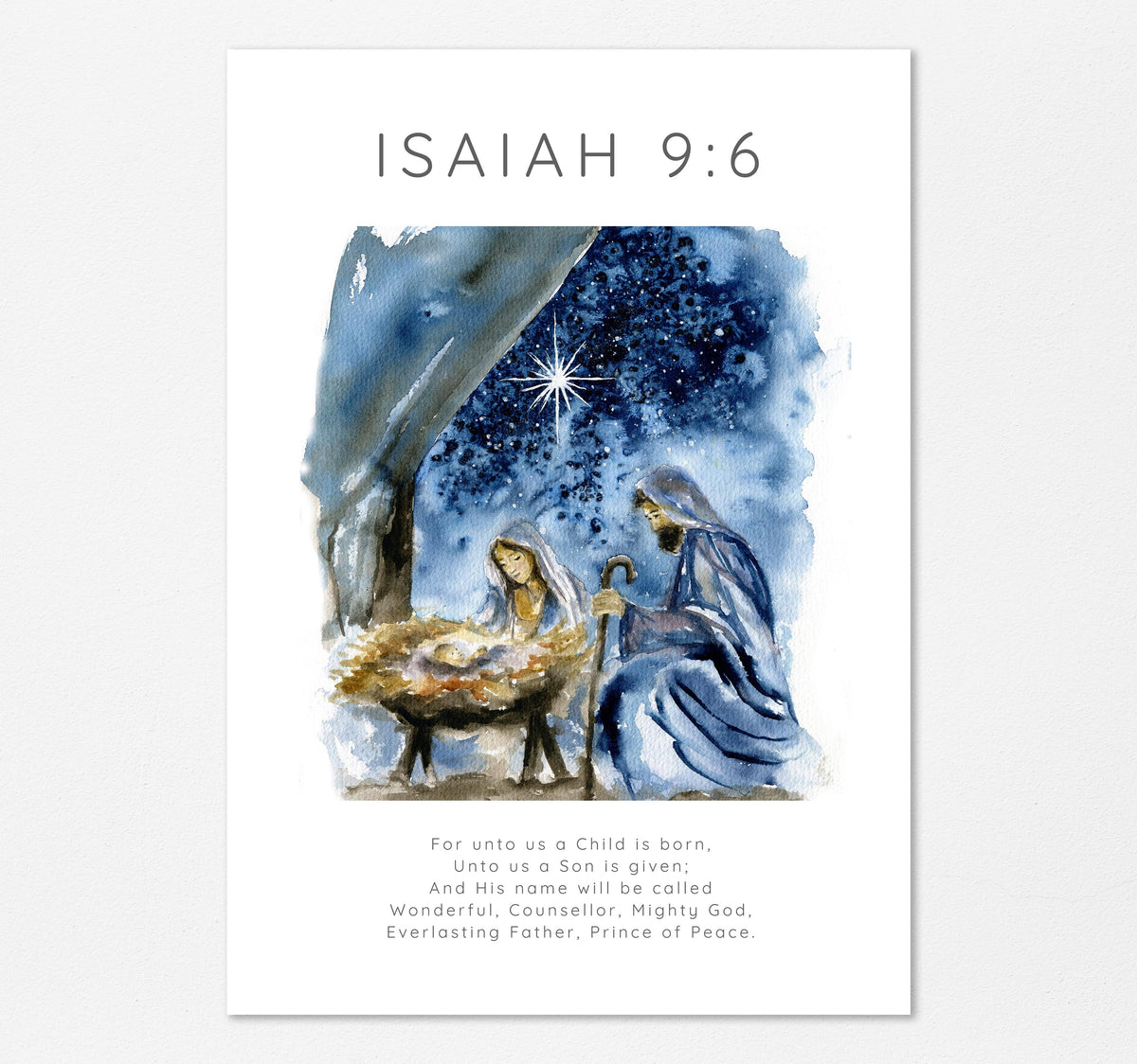 Nativity Bible verse print with watercolor nativity scene, perfect decor.