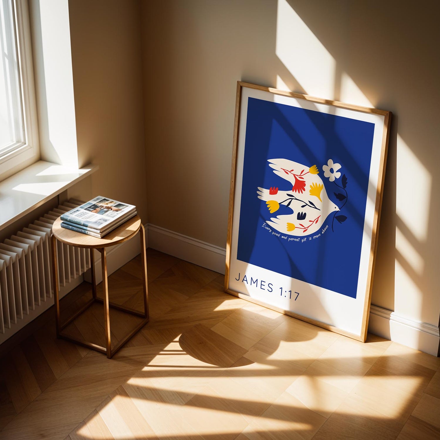 Blue background scripture print with a bird carrying blooms and a message of gratitude from James 1:17.