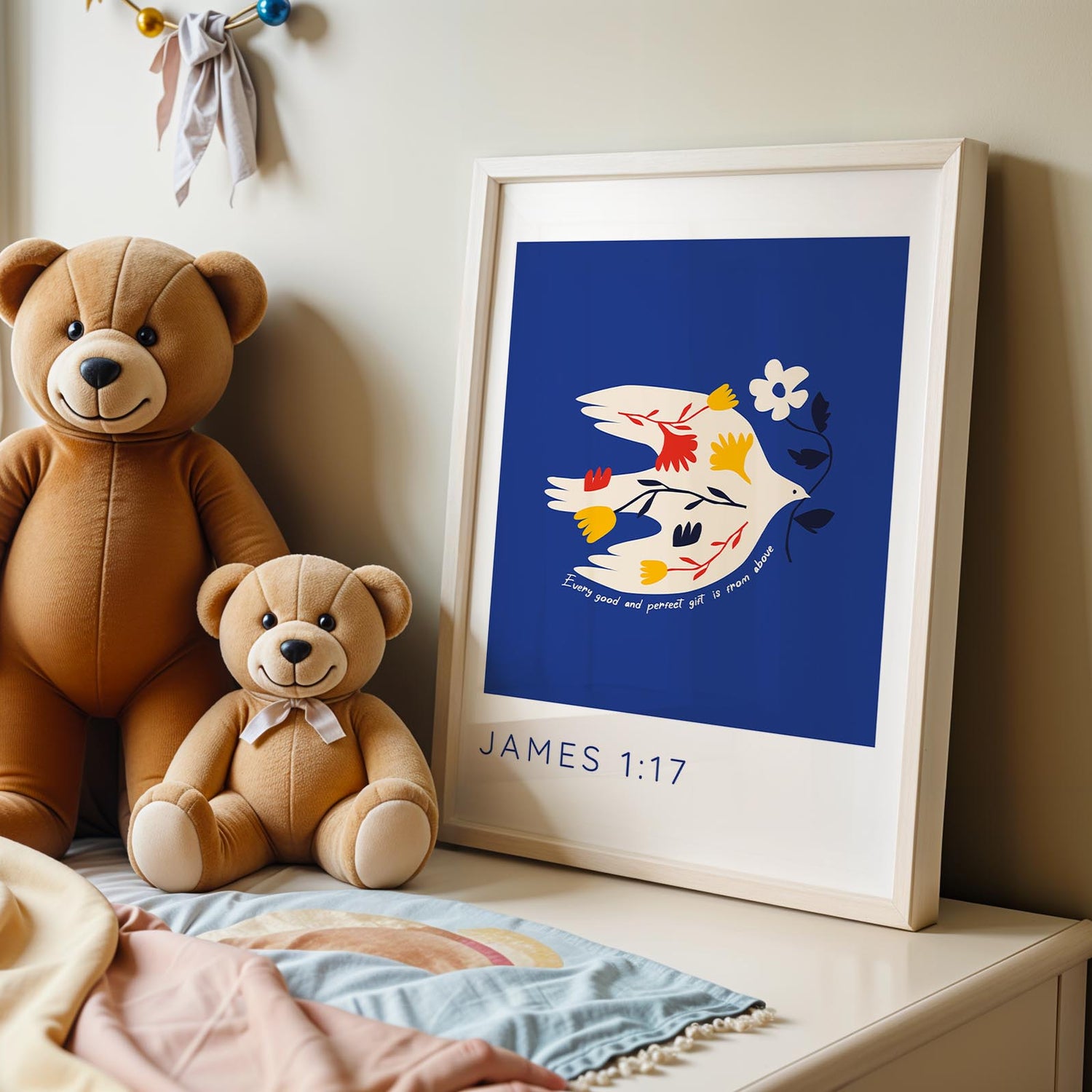 Christian gift print with a bird holding flowers and the comforting Bible verse from James 1:17.
