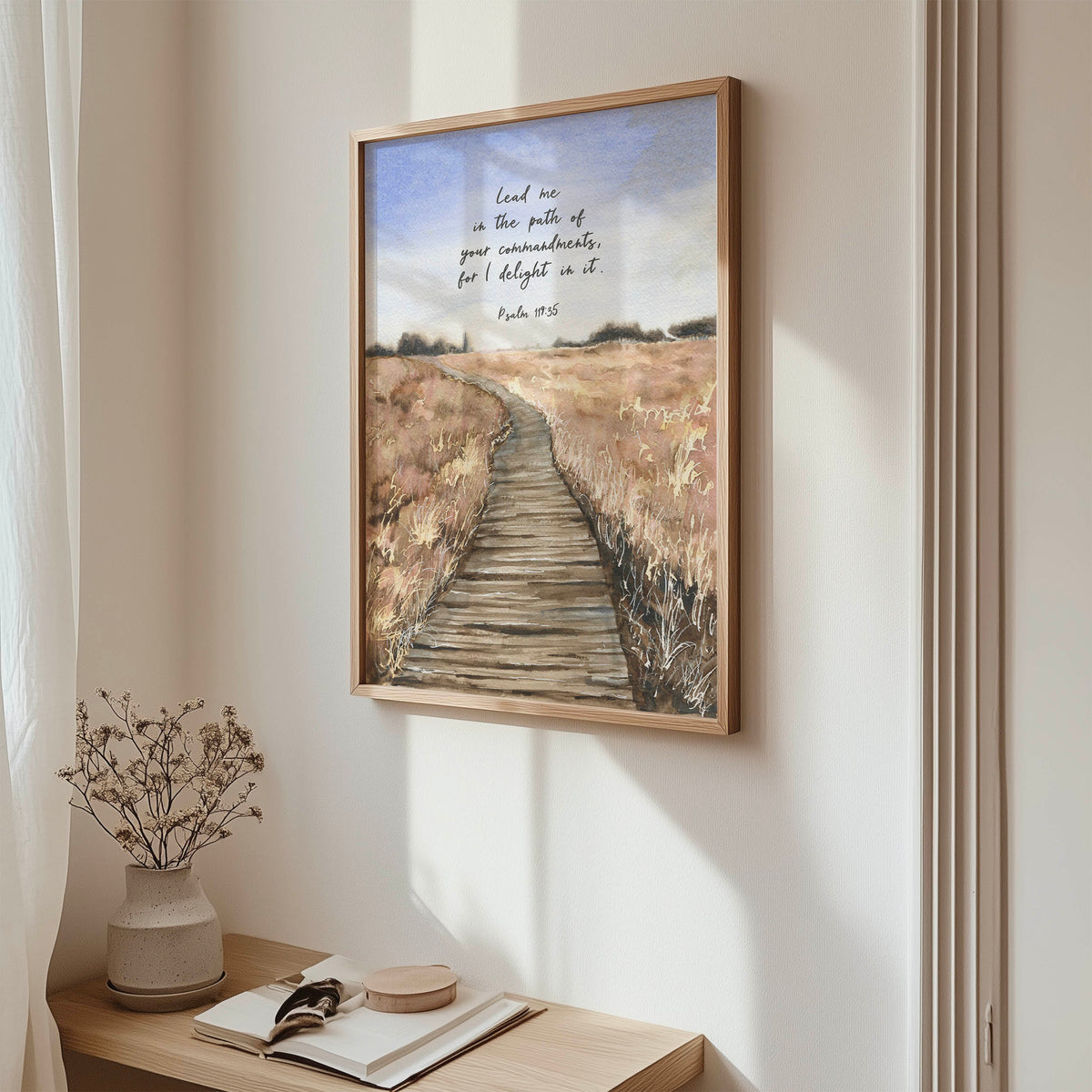 Psalm 119:35 - Christian wall art print with lead me in the path scripture, serene watercolour landscape for faith filled spaces.