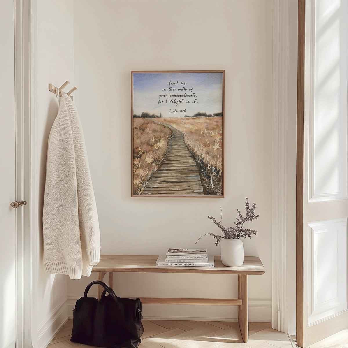 Psalm 119:35 - Lead me in the path Christian Bible verse wall art with tranquil watercolour path and nature scene, inspirational decor.