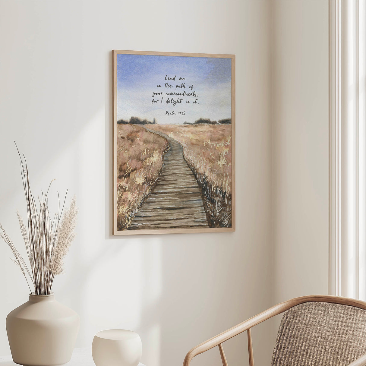 Psalm 119:35 - Lead me in the path Christian wall art with watercolour winding path through fields and trees, Bible verse faith decor.