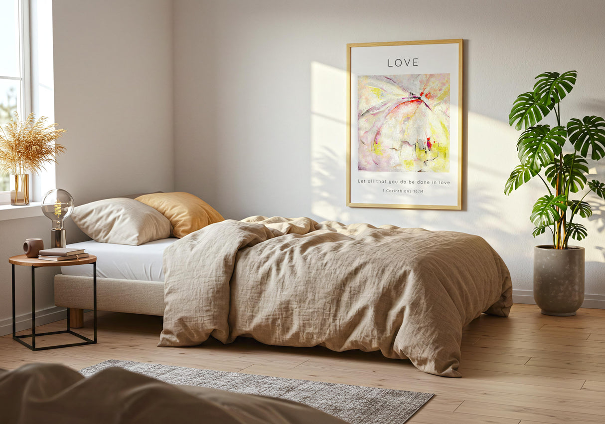 1 Corinthians 16:14 – Christian decor poster with textured abstract artwork.