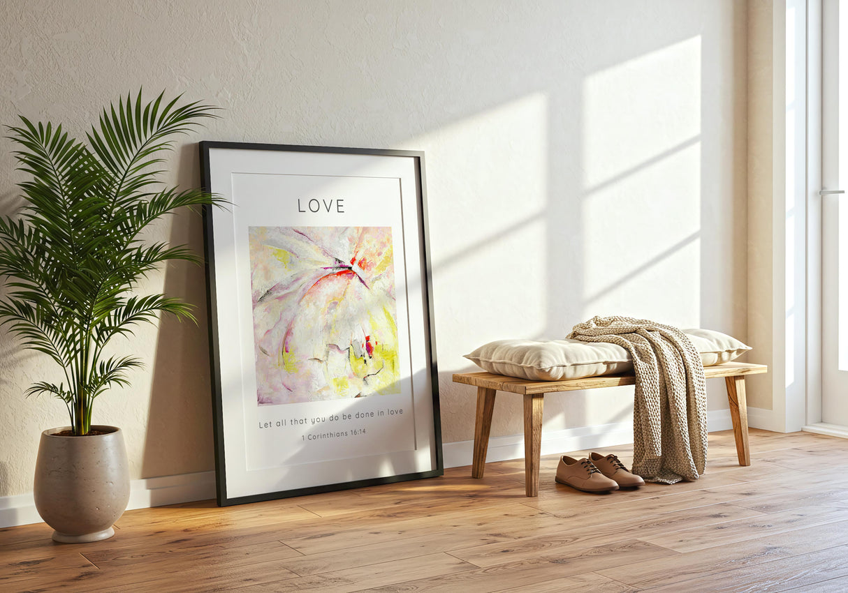 1 Corinthians 16:14 – scripture wall art featuring gentle pastel brushstrokes.