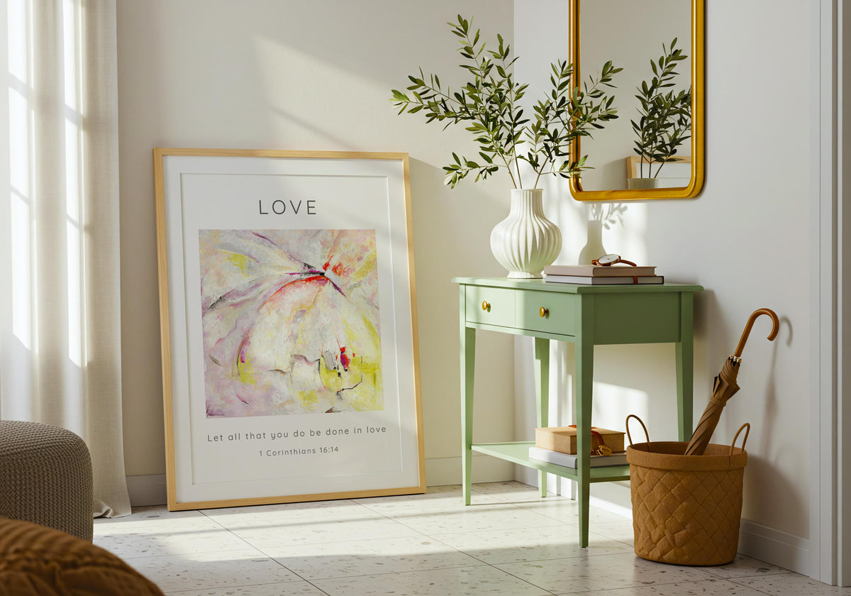1 Corinthians 16:14 – love themed wall art with soft modern abstract style.