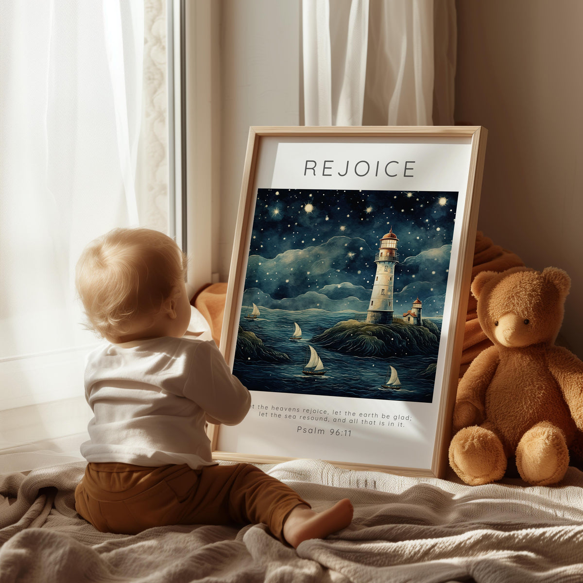 Psalm 96:11 - Boats on wavy sea with lighthouse and verse Let the heavens rejoice.