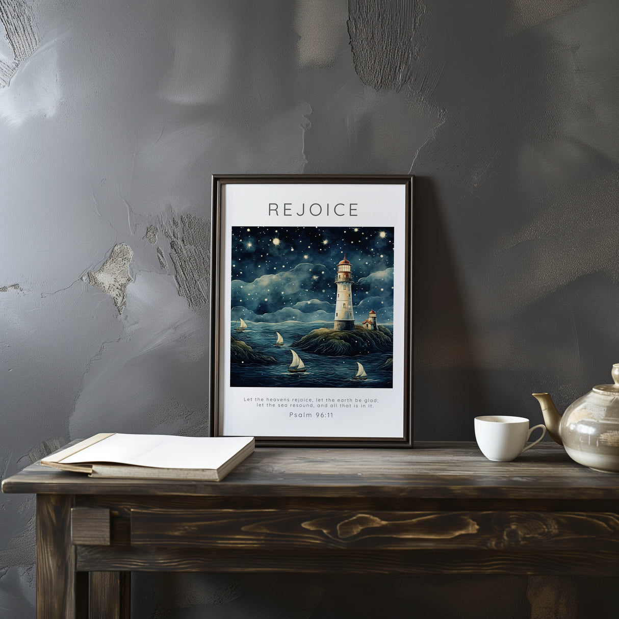 Psalm 96:11 - Nautical Christian wall art with boats and lighthouse glowing softly.
