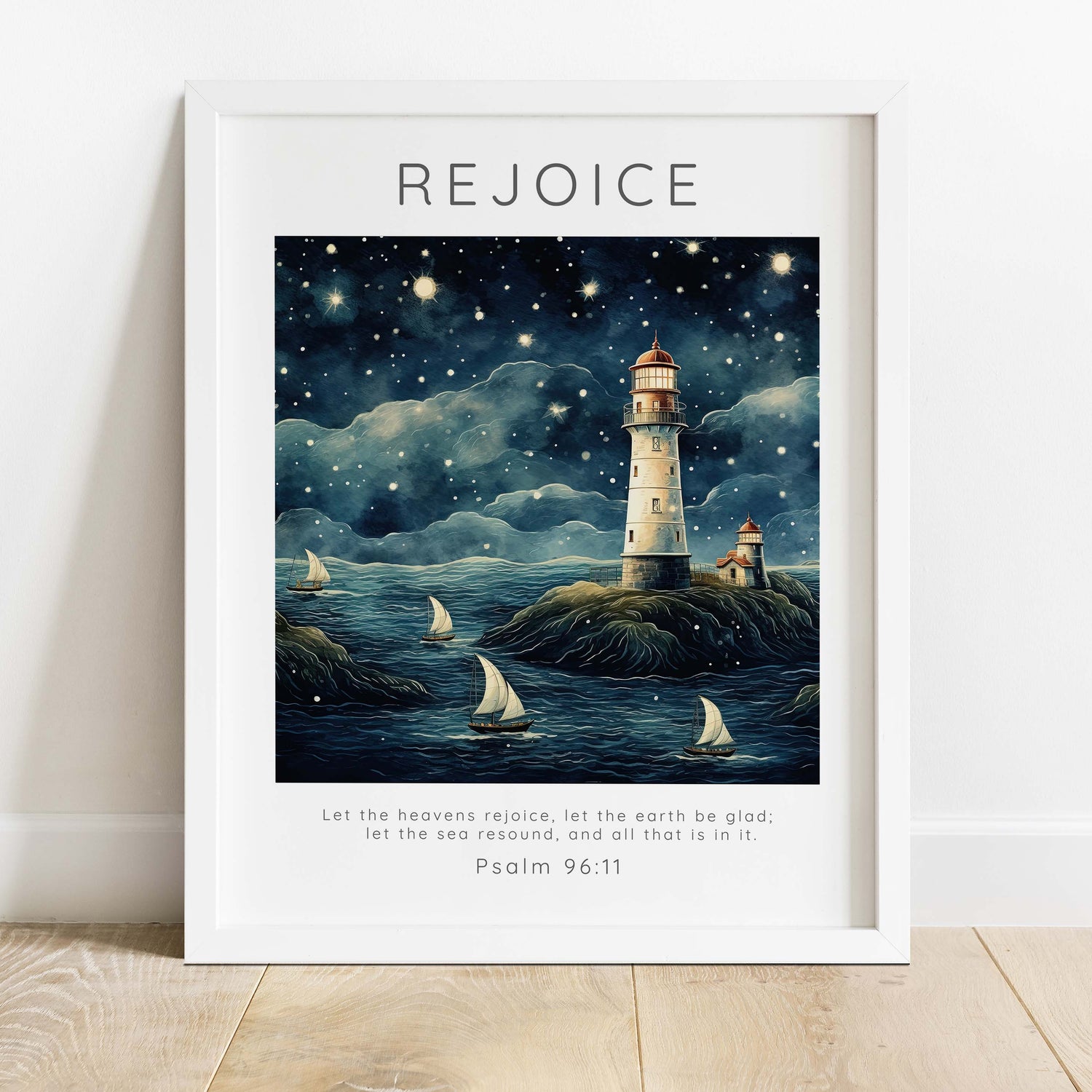 Whimsical Boats and Lighthouse Nursery Print, Soothing Seascape Art for Bathrooms, Psalm 96:11 Wall Art for Children's Rooms