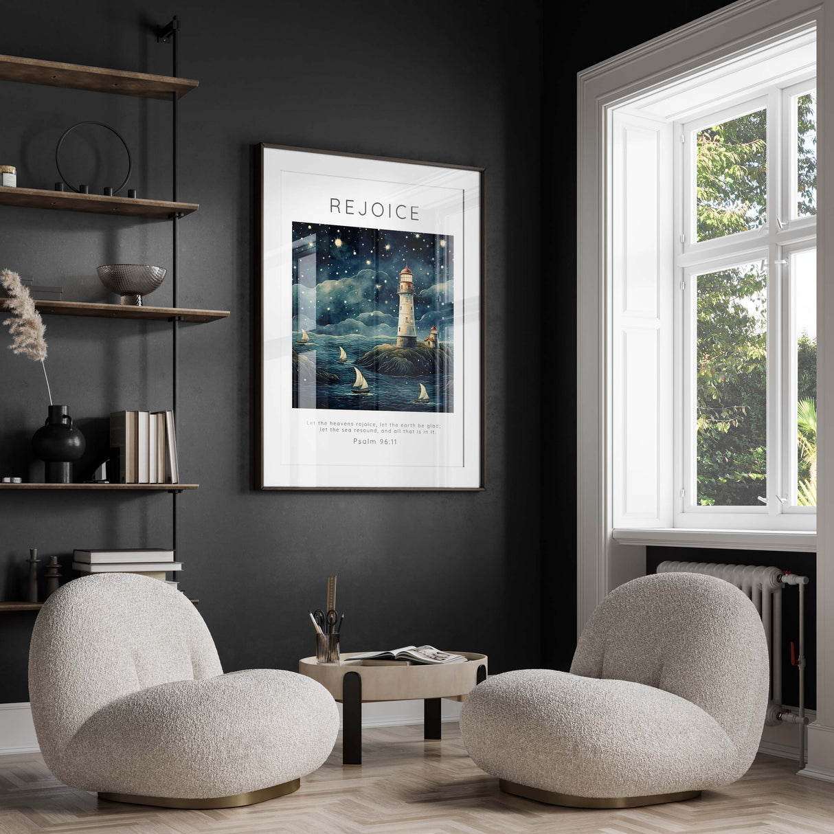 Lighthouse and Boat Theme Nursery Wall Print, Psalm 96:11 Inspirational Artwork for Nurseries, Bible Print for Bathroom