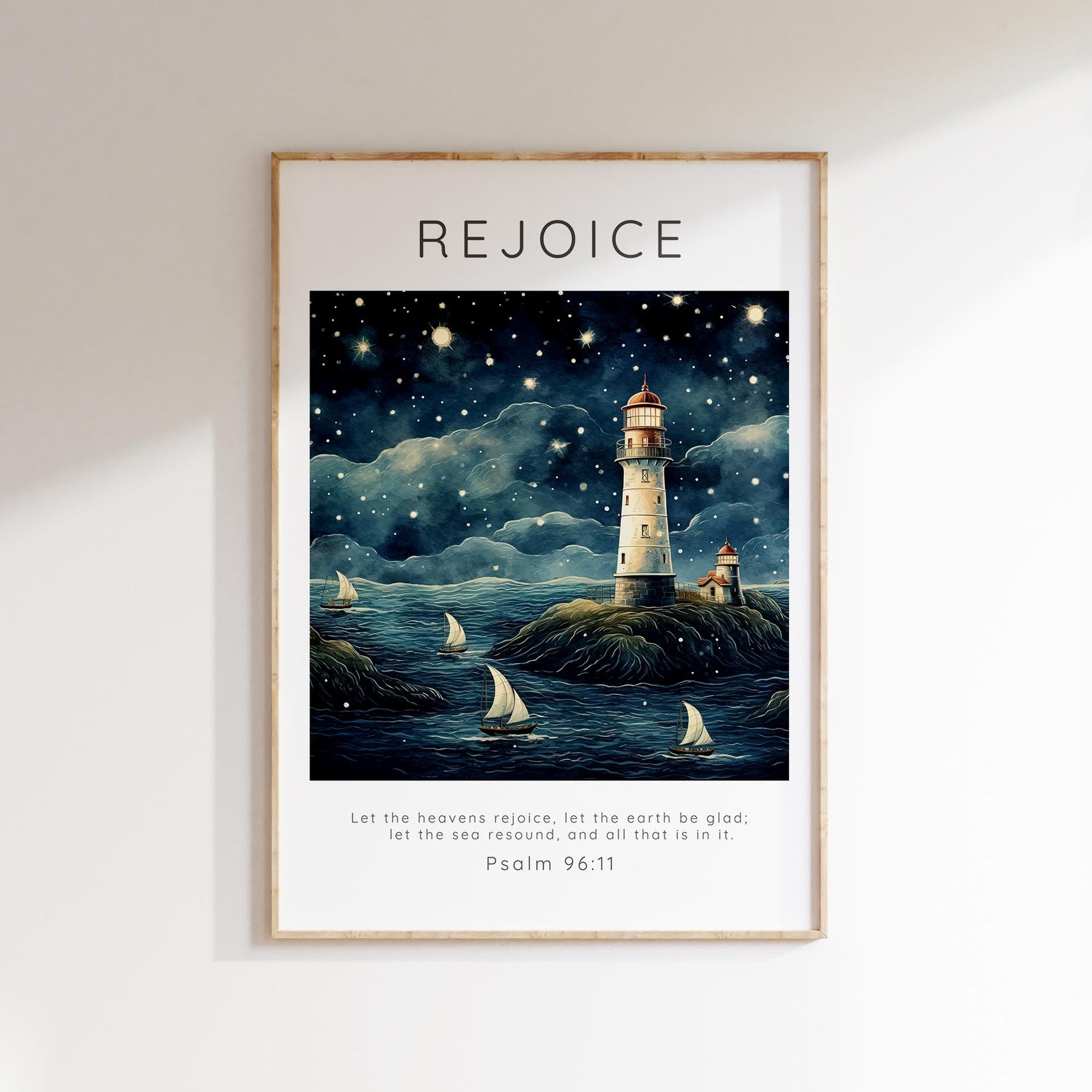 Let The Heavens Rejoice Christian Wall Art Print, Psalm 96:11 Poster, Serene Psalm 96:11 Boats and Lighthouse Print