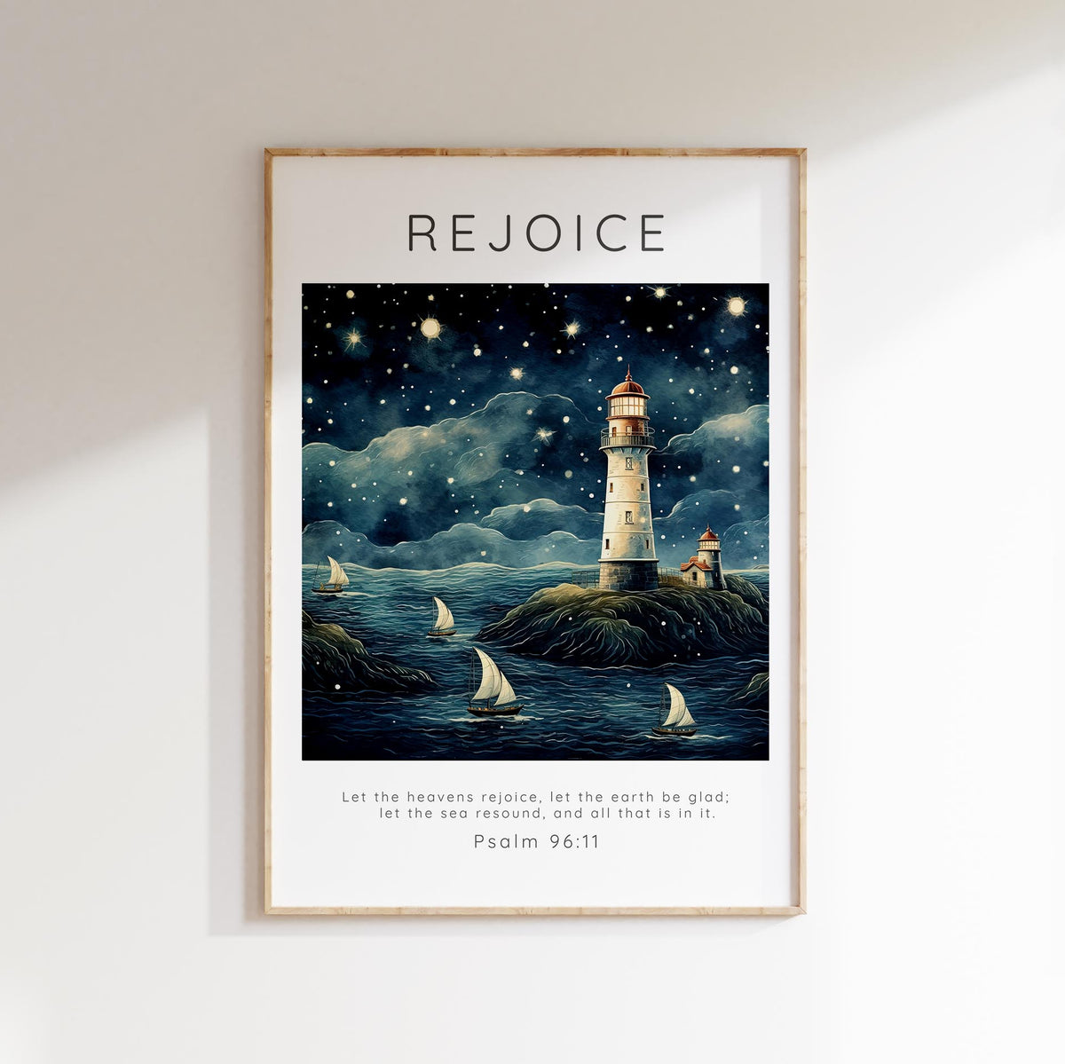 Let The Heavens Rejoice Christian Wall Art Print, Psalm 96:11 Poster, Serene Psalm 96:11 Boats and Lighthouse Print