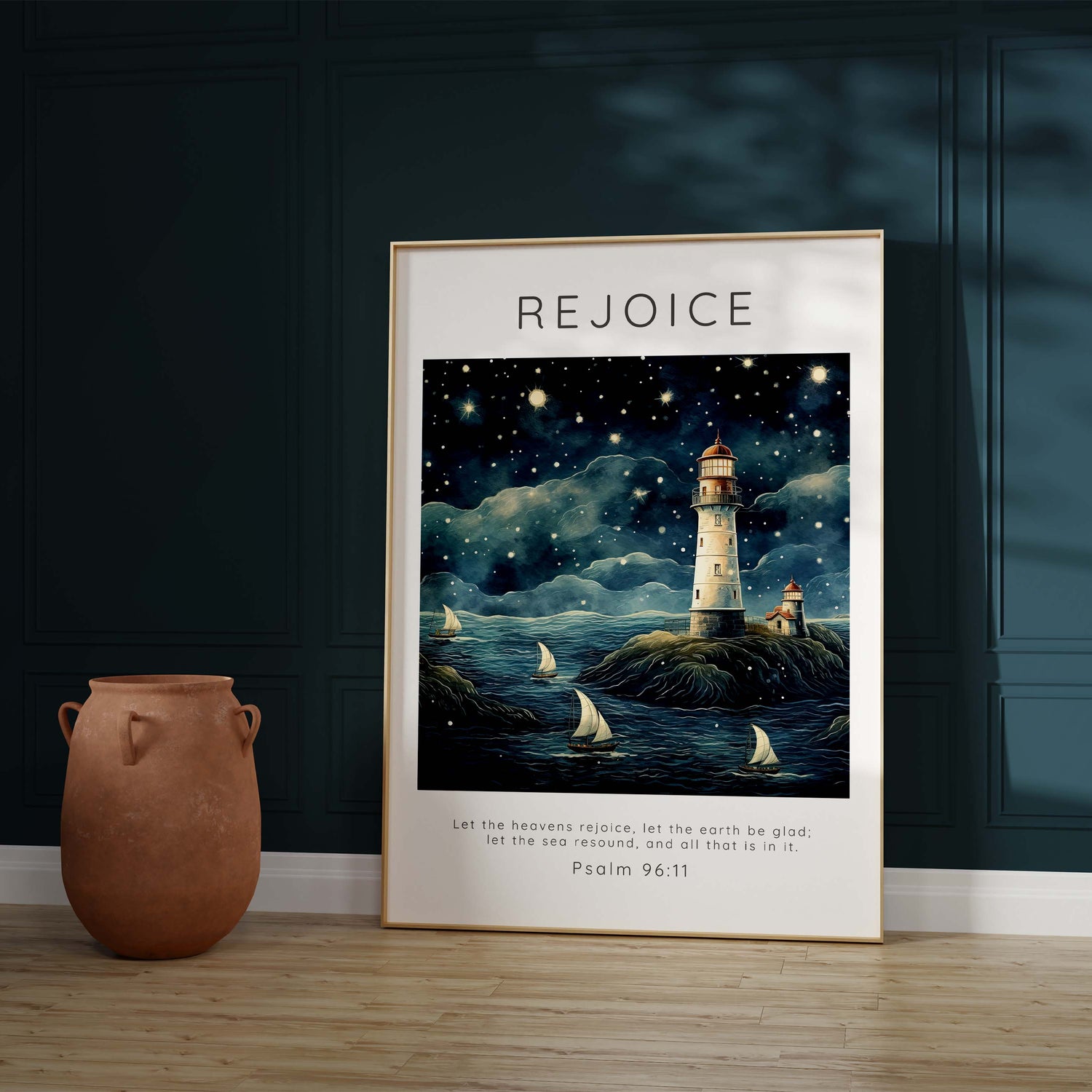 Tranquil Nautical Nursery Wall Art, Inspirational Bathroom Bible Verse Print, Psalm 96:11 Seascape Artwork for Bathrooms