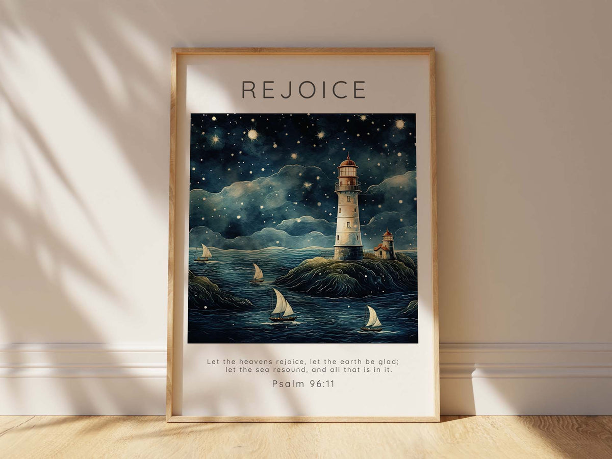 Tranquil Nautical Nursery Wall Art, Inspirational Bathroom Bible Verse Print, Psalm 96:11 Seascape Artwork for Bathrooms