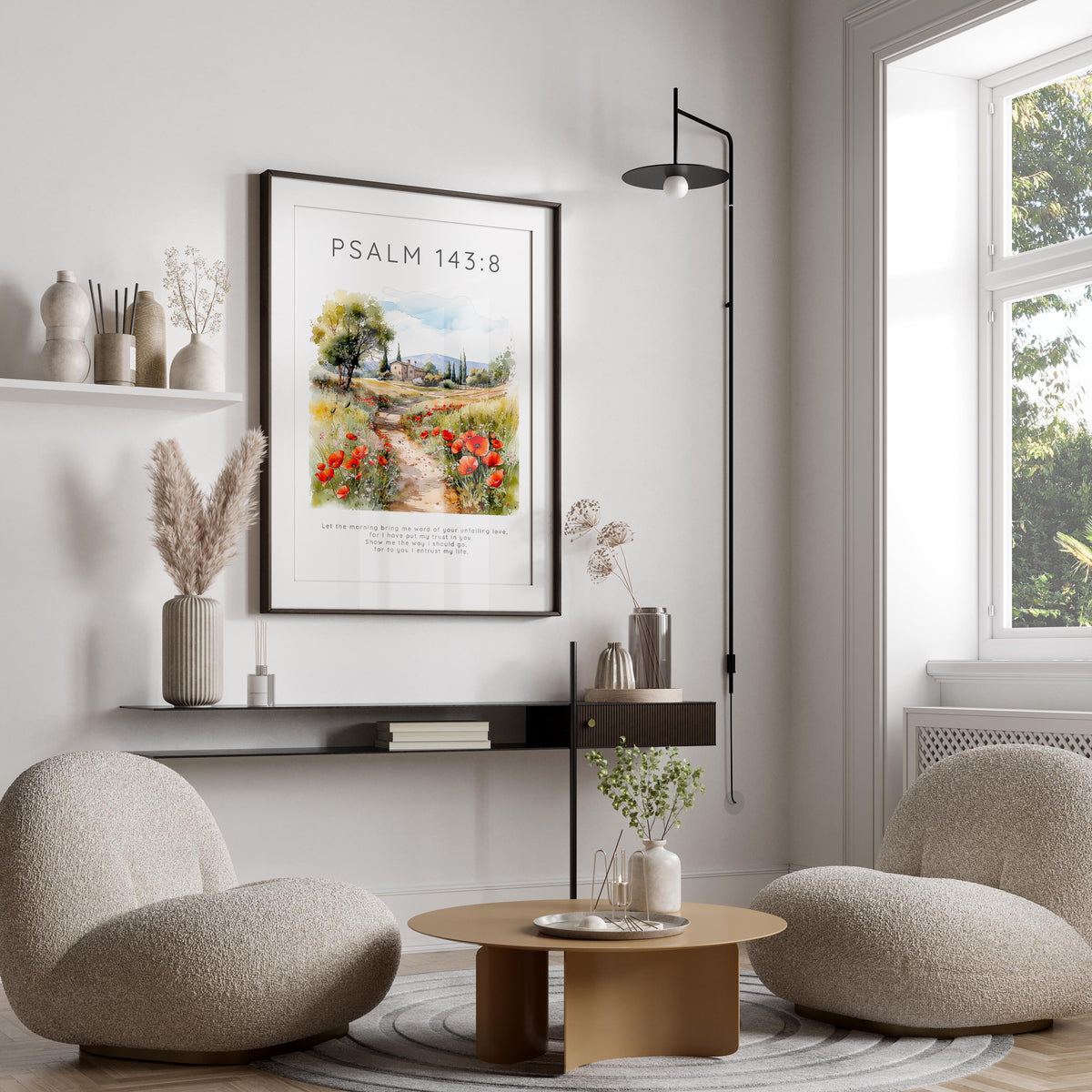 Christian wall art print with nature and Psalm 143:8 quote, Meadow and farmhouse Bible verse print with green and red colours