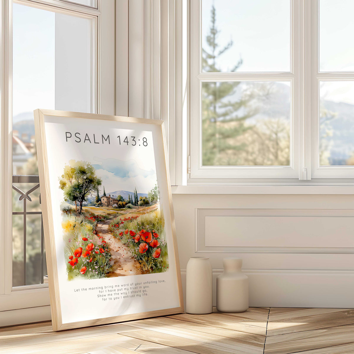 Psalm 143:8 – Bible verse wall art featuring meadow, trees and farmhouse with scripture about guidance and faith.
