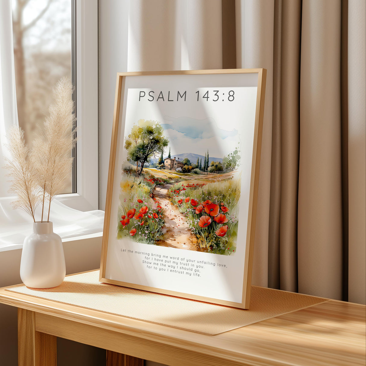 Psalm 143:8 – Christian landscape wall art print with countryside scene and comforting scripture about trusting God.