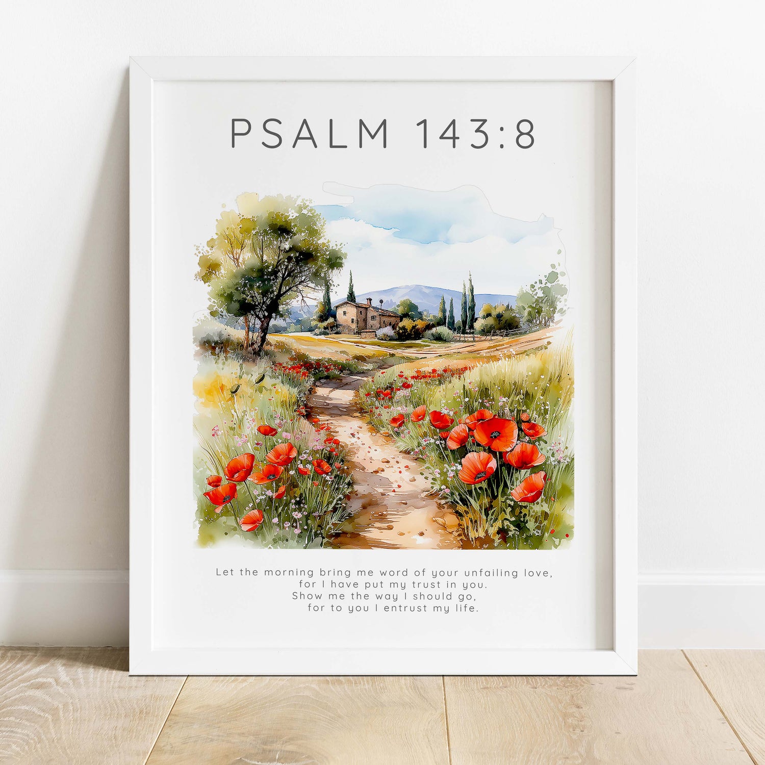 Inspirational Christian wall art with Psalm 143:8 and nature scene, Faith and nature-themed Bible verse print