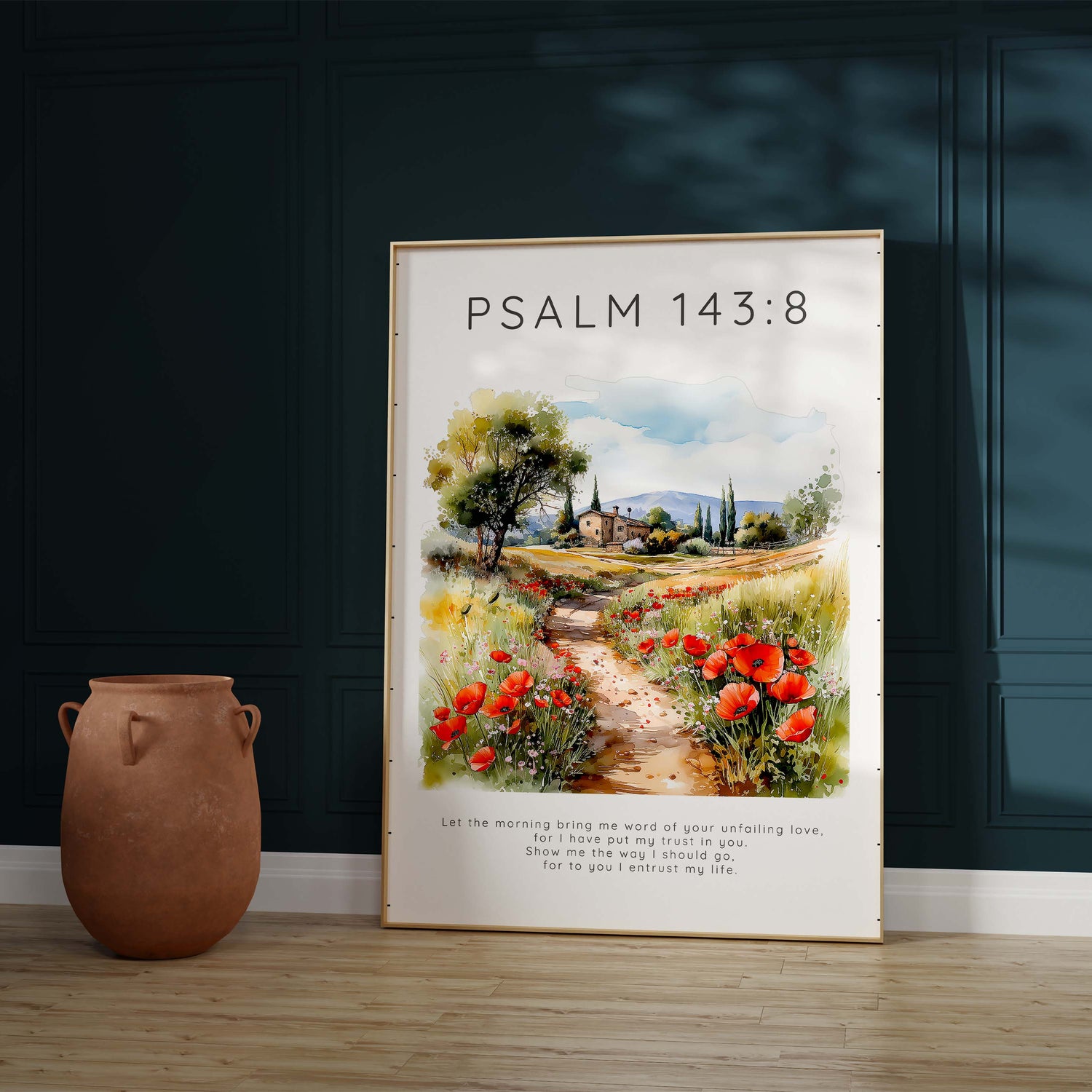 Christian gift idea landscape print with Psalm 143:8 verse, Psalm 143:8 digital download Bible verse print