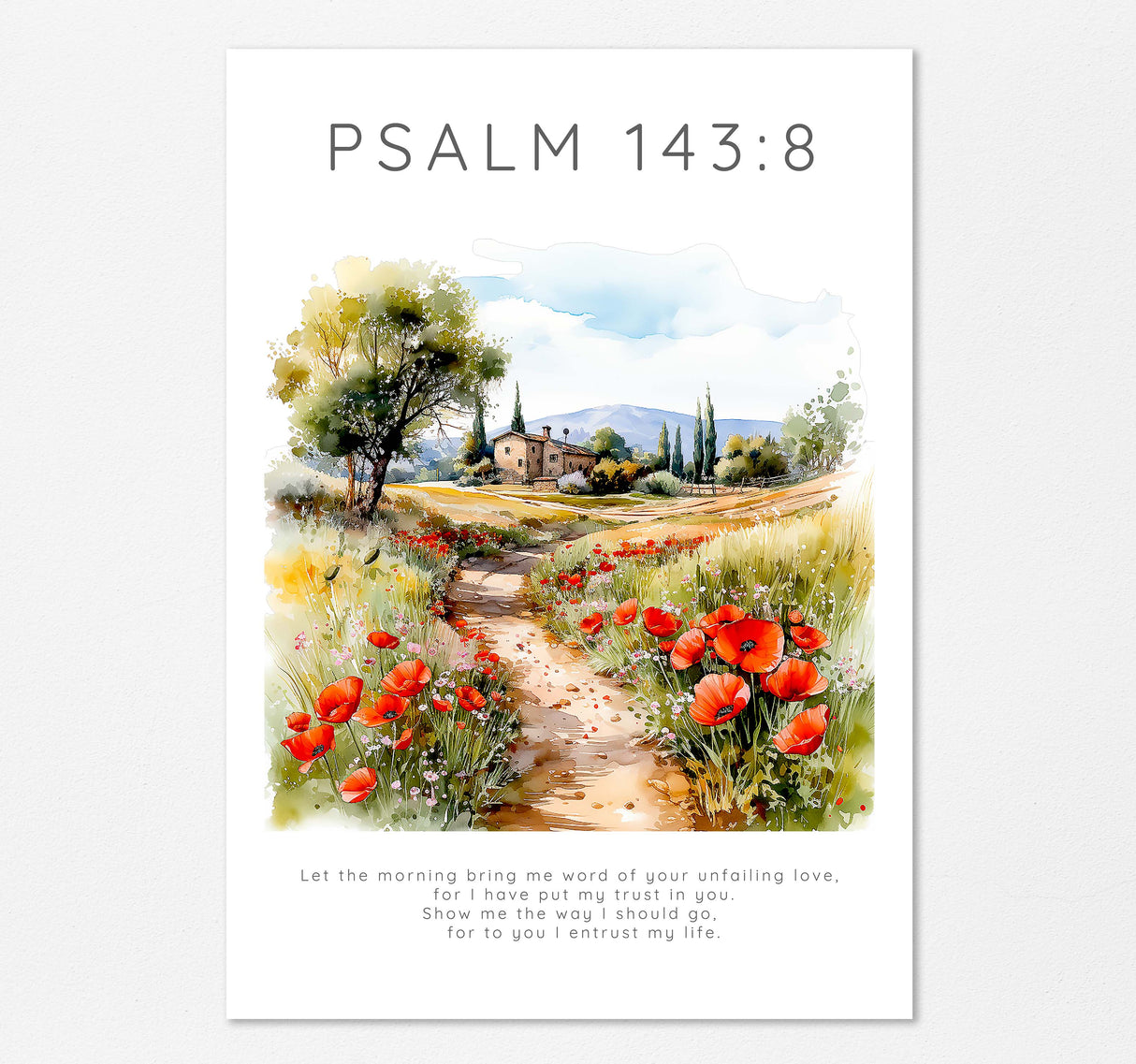 Psalm 143:8 digital download Bible verse print with countryside landscape, Large Bible verse print with nature scene