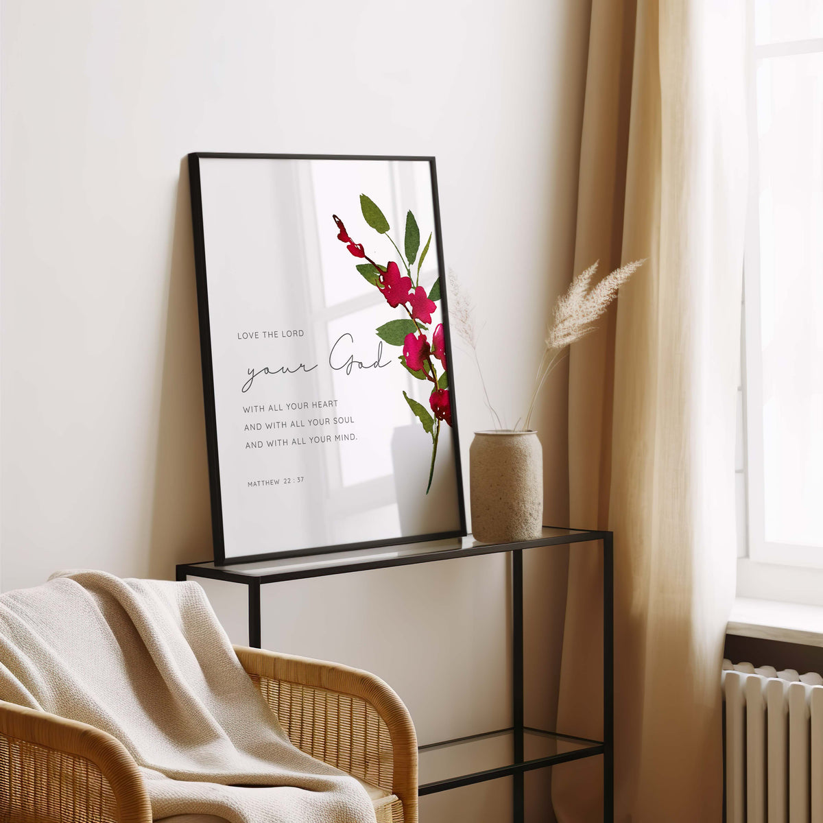 Matthew 22:37 - Christian wall art print with love the Lord your God scripture and elegant burgundy flower design.