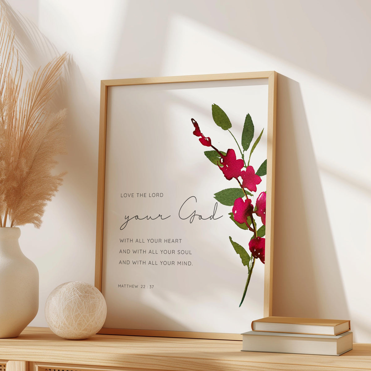 Matthew 22:37 - Love the Lord your God Bible verse wall art featuring vibrant red floral watercolour, Christian home decor.