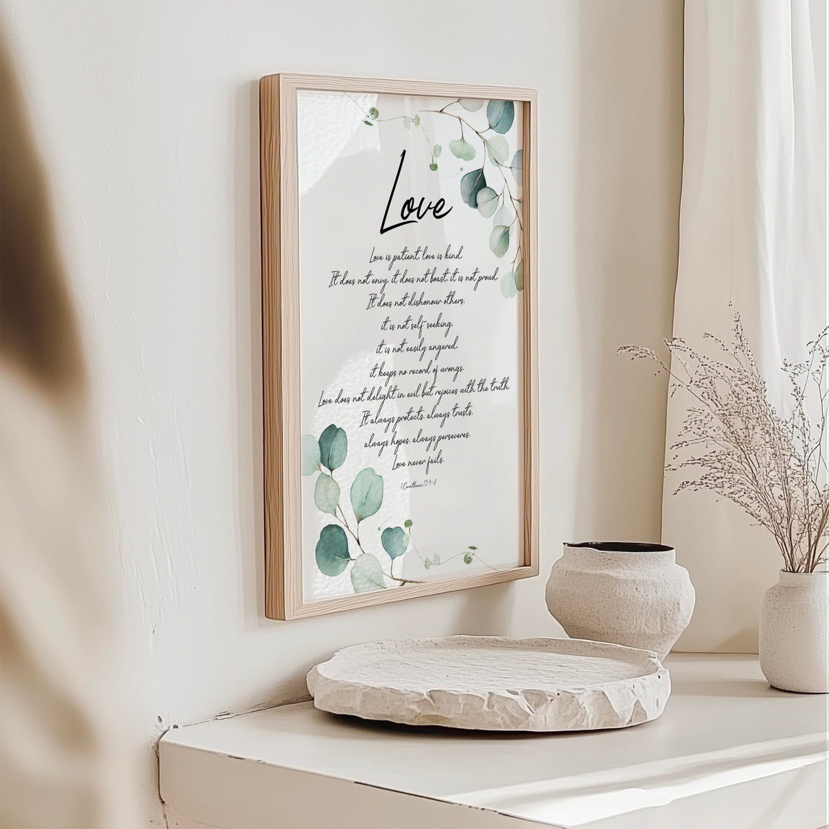 Love Is Patient 1 Corinthians 13 Bible verse wall art with floral corners.