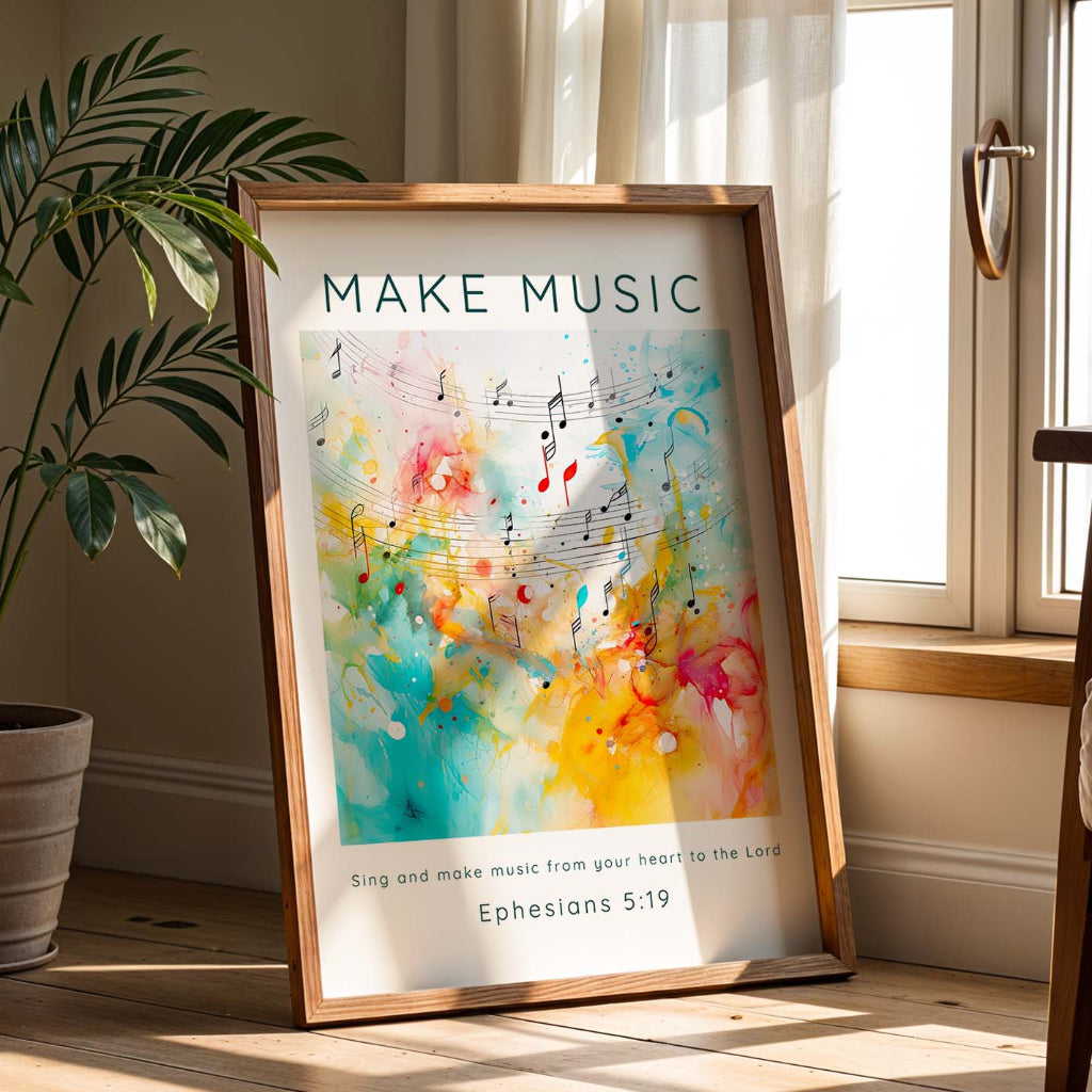 Sing And Make Music Ephesians 5:19 Bible verse wall art with colourful music motif.