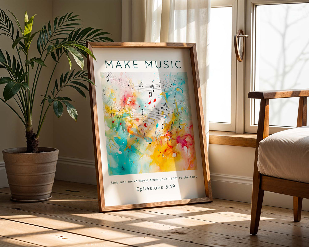 Sing And Make Music Ephesians 5:19 Bible verse wall art with colourful music motif.