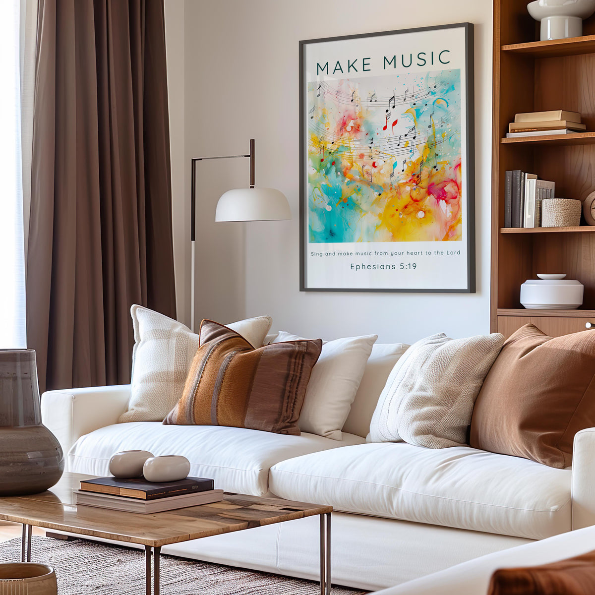 Christian scripture print featuring Ephesians 5:19 and musical notes design.