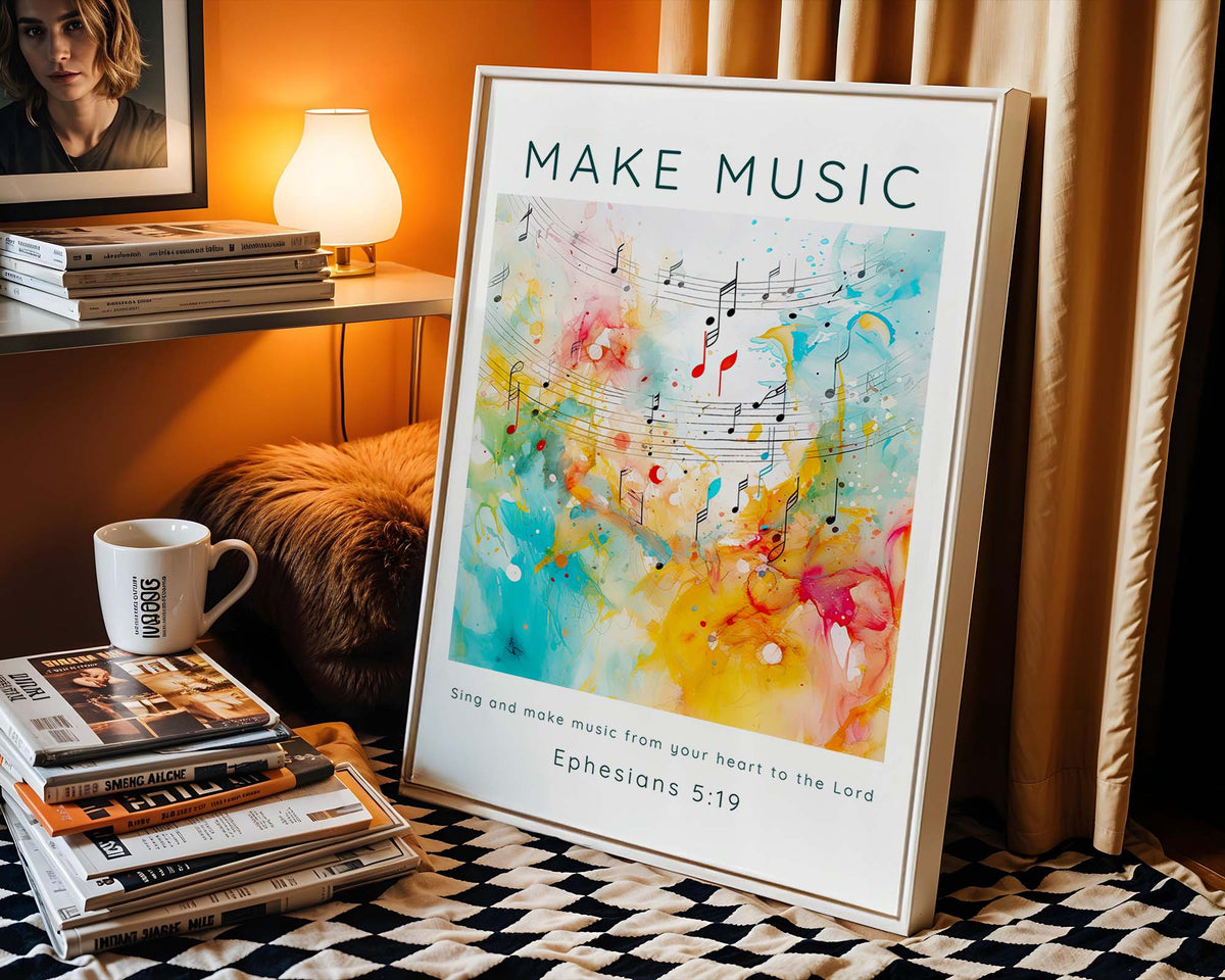 Colourful Christian wall art with abstract music theme and Bible verse.