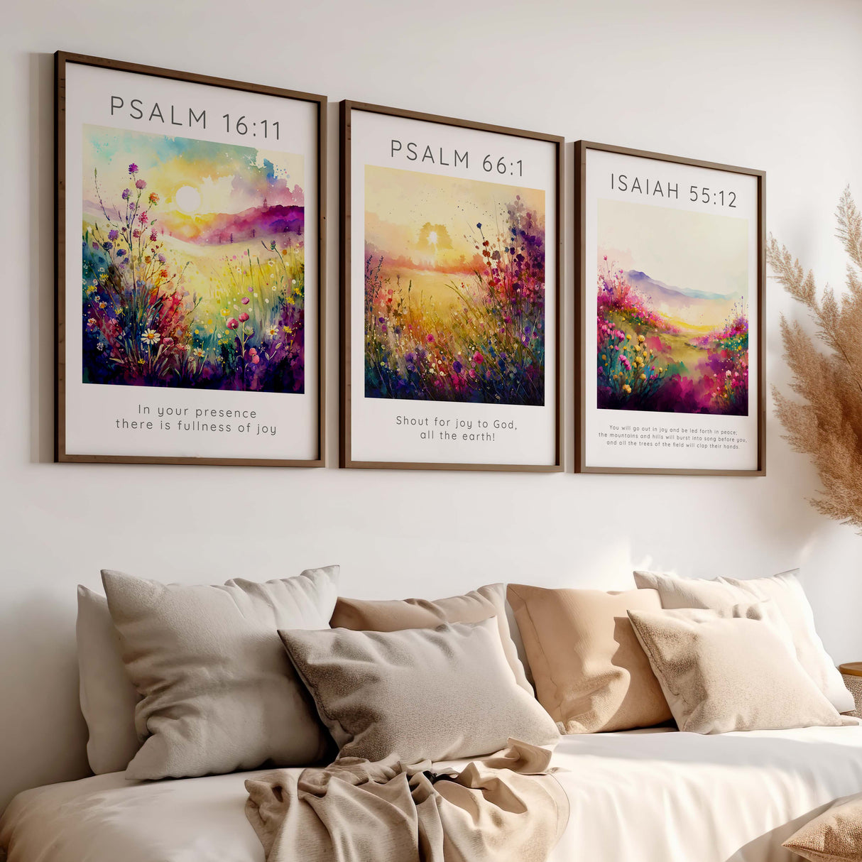 Psalm 16:11, Psalm 66:1, Isaiah 55:12 – Christian wall art print set of three with joyful scripture and floral meadow designs celebrating praise and peace.