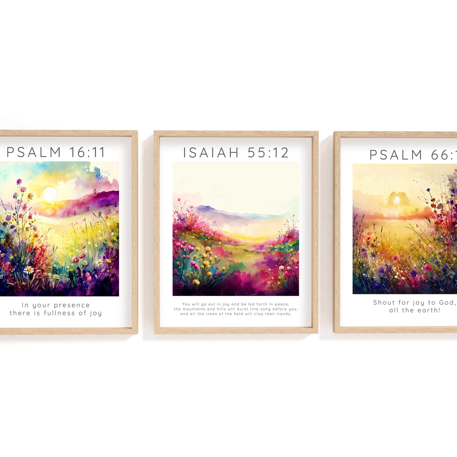 Isaiah 55:12 nature-inspired Bible verse art, Floral meadow wall poster with joyful verses, Elegant designed Psalm 66:1