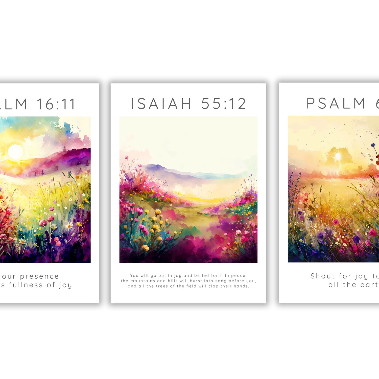 Isaiah 55:12 nature-inspired Bible verse art, Floral meadow wall poster with joyful verses, Elegant designed Psalm 66:1