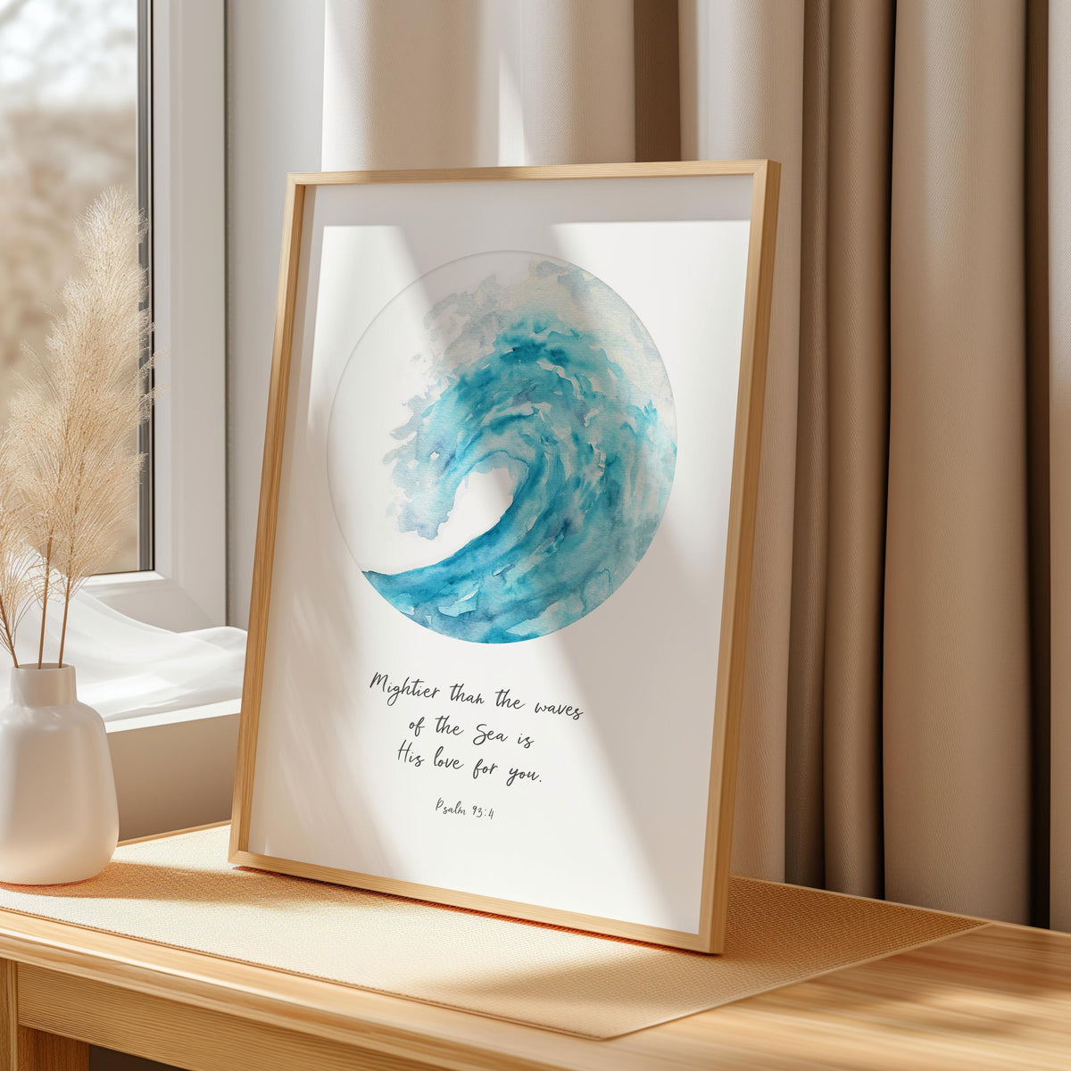 Psalm 93:4 – Mightier than the waves Christian wall art with turquoise ocean wave design and comforting scripture.