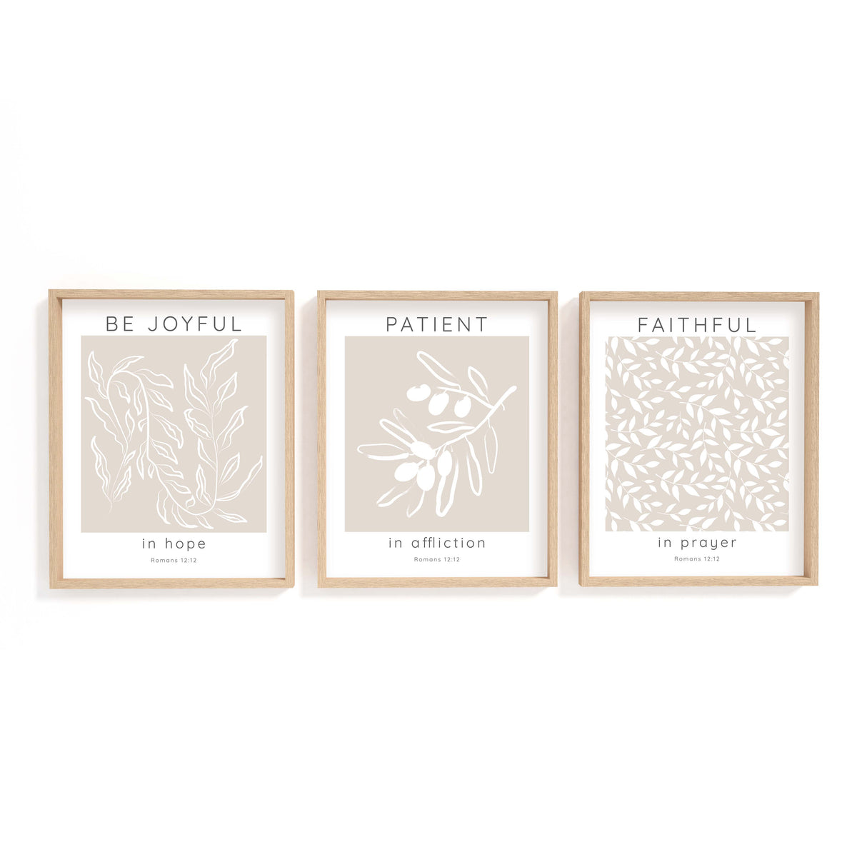 Romans 12:12 – Christian wall art print set of three with neutral beige tones and botanical scripture about hope, patience and prayer.