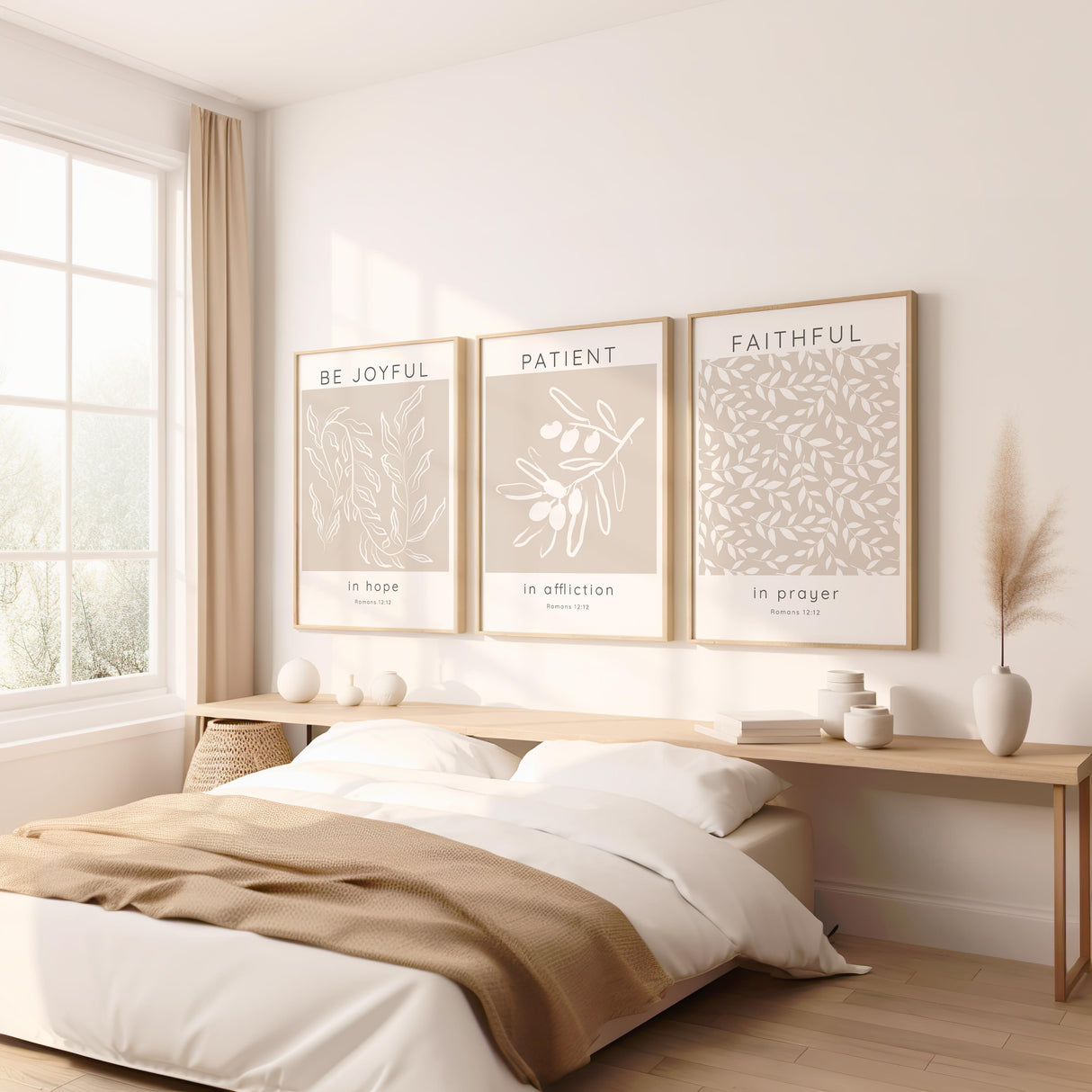 Romans 12:12 – Be joyful in hope Christian wall art 3 print set with neutral beige background and delicate botanical design.